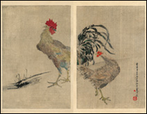 Coq et poule sur grisaille