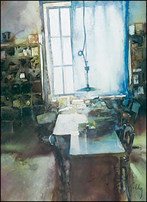 Grand atelier au rideau bleu