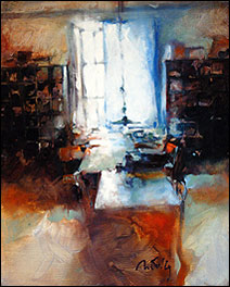 Atelier au rideau bleu – huile sur bois